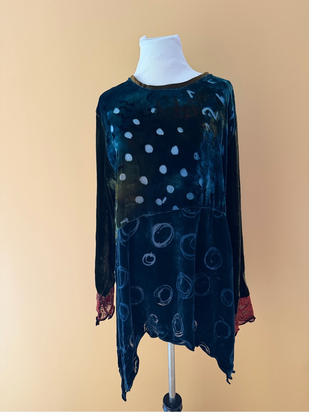 Art of Cloth Hand-Dyed Velvet Tunic Top Asymmetrical Lagenlook Teal Blue L